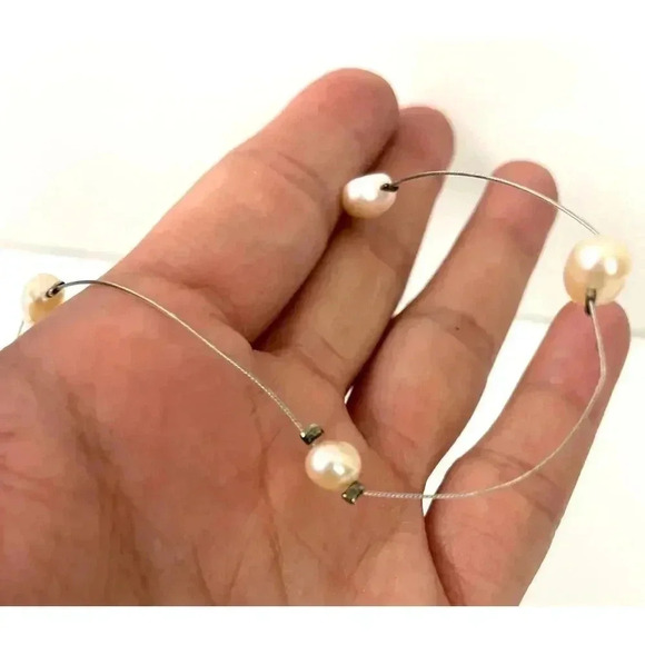 Baroque Pearl Wire Floating Necklace Silver .925 15" Choker - Picture 3 of 8